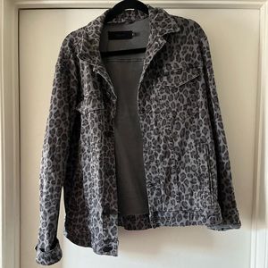 Leopard print denim jacket.